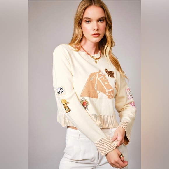 blue b Sweaters - Blue B Horse Graphic Western Patch Sweater